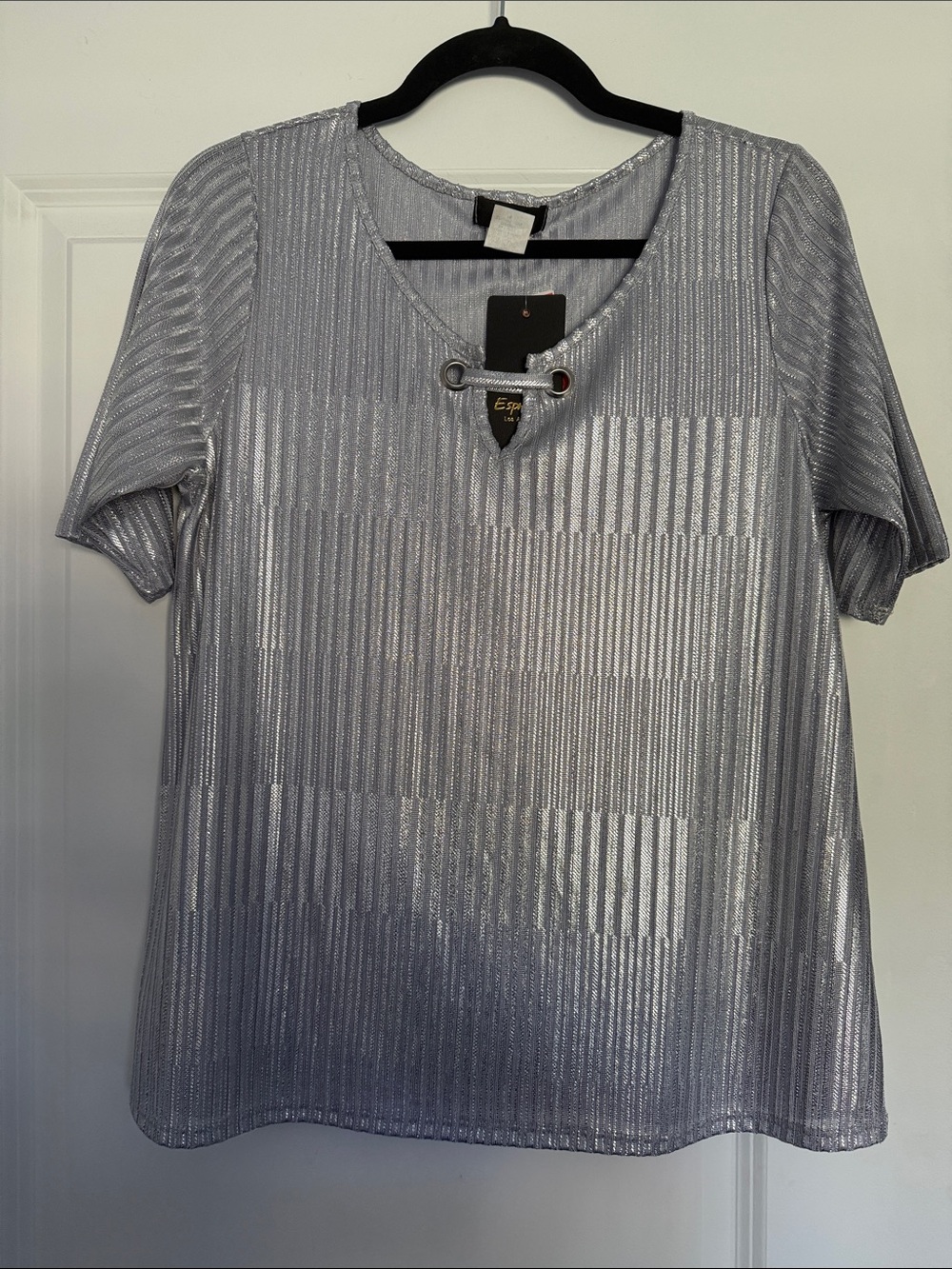 Espresso Silver Short Sleeve Metallic V-Neck Top